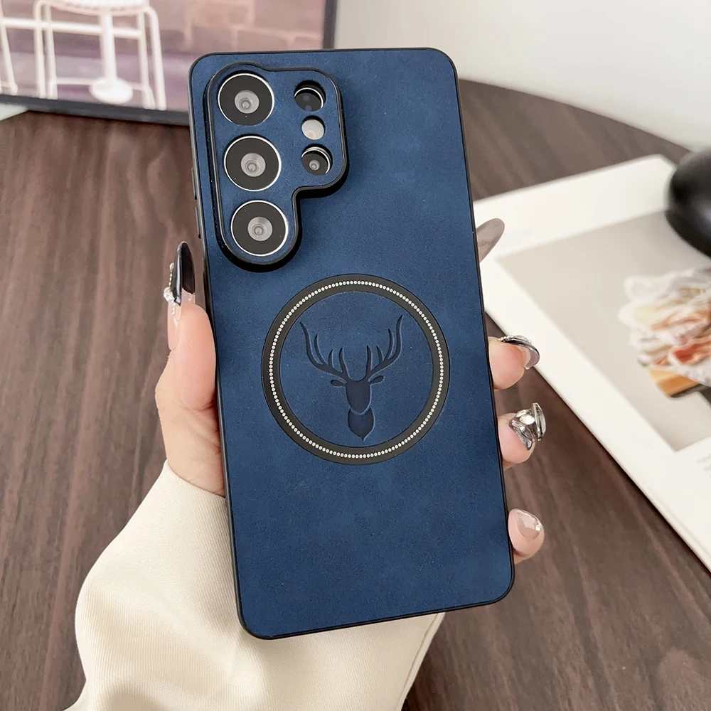 Capa Para Celular Samsung Galaxy S25 Ultra (azul), Em Couro Pu Com Estampa De Veado, Compatível Com Carregamento Sem Fio.