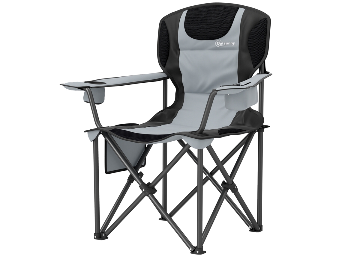 Cadeira de camping dobrável com apoios de braço ajustáveis, porta copos, bolsos, bolsa térmica, preta