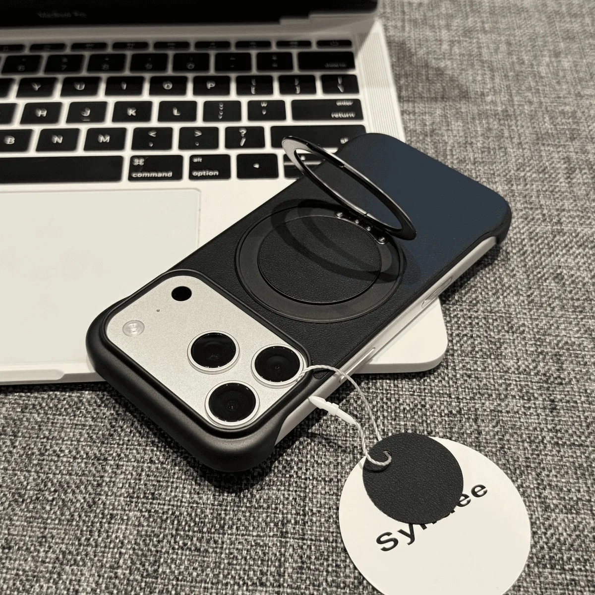 Capa Rígida Sem Moldura Em Couro Genuíno (para Iphone 14 Plus, Cor Preta), Com Suporte Em Anel De Metal E Compatibilidade Com Magsafe.