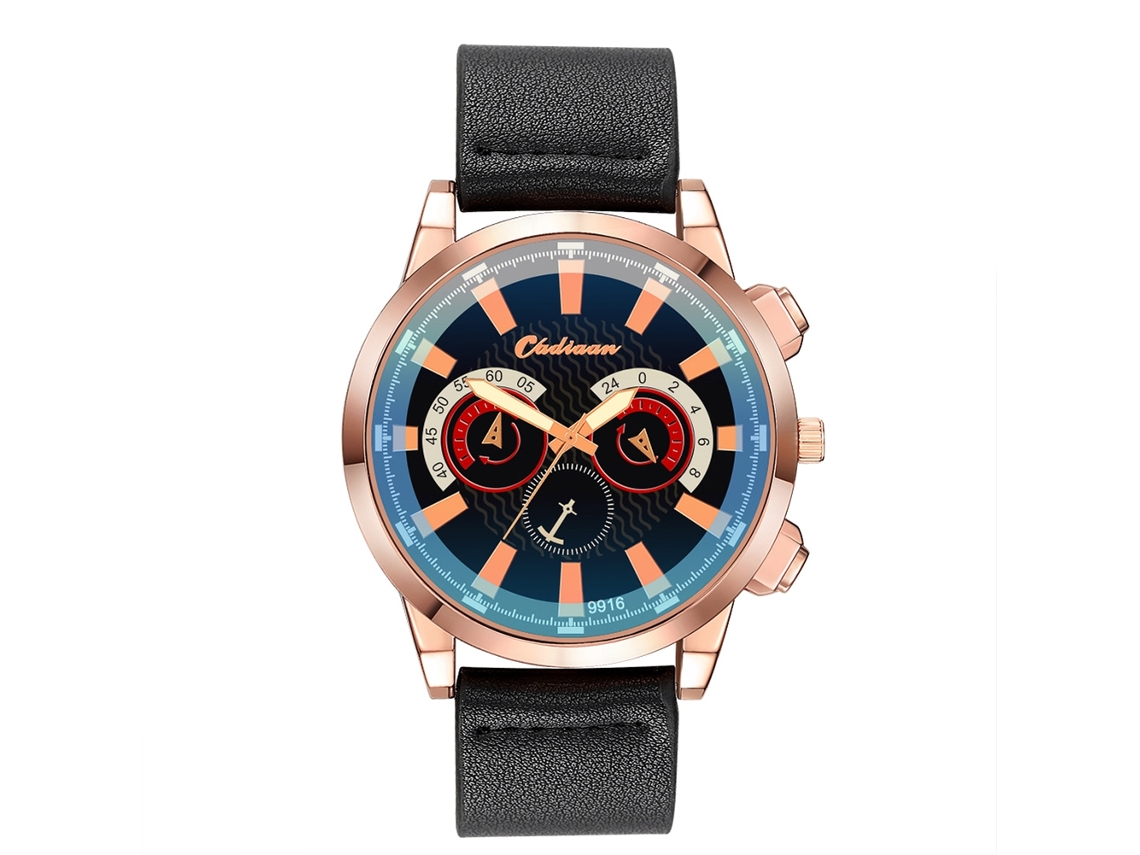 Relógio de pulso masculino casual em couro PU, modelo executivo moderno com pulseira preta e detalhes em ouro rosa.