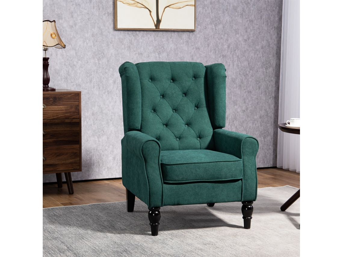 Poltrona Para Sala De Estar Em Estilo Francês Com Assento Estofado E Almofadas, Poliéster, 74x86x102 Cm, Verde Escuro
