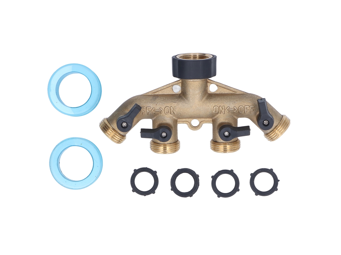 Distribuidor De Mangueira De Rega De Jardim De Latão De 4 Vias Com Conector De Rosca De 3/4 Polegada
