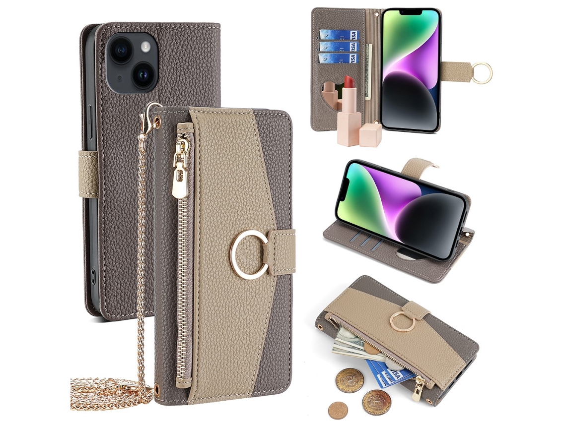 Capa Espelho Maquilhagem Para Iphone 14 Pele Sintética Cinzento