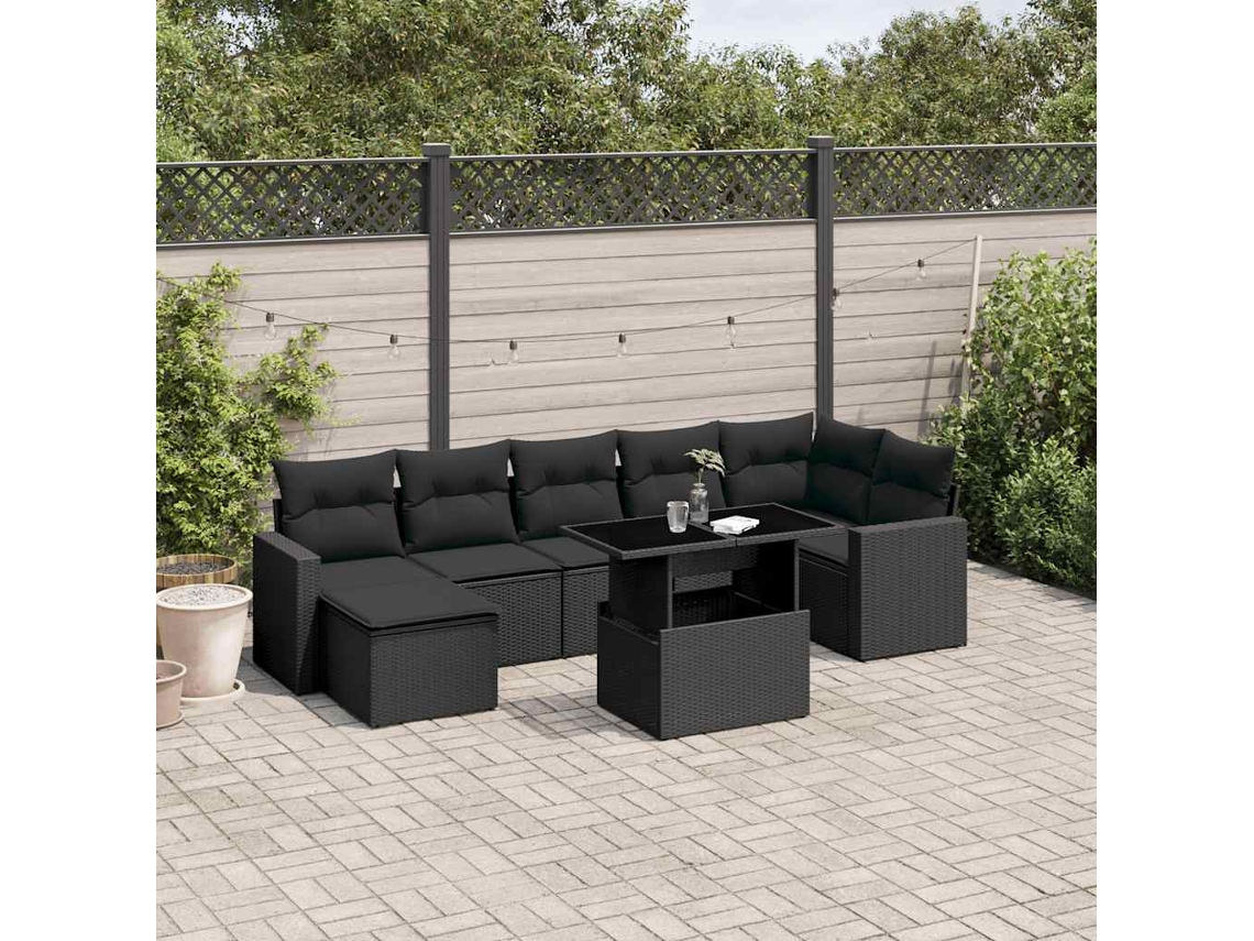 Vidaxl 8 Pcs Conjunto Sofás De Jardim Com Almofadões Vime Pe Preto