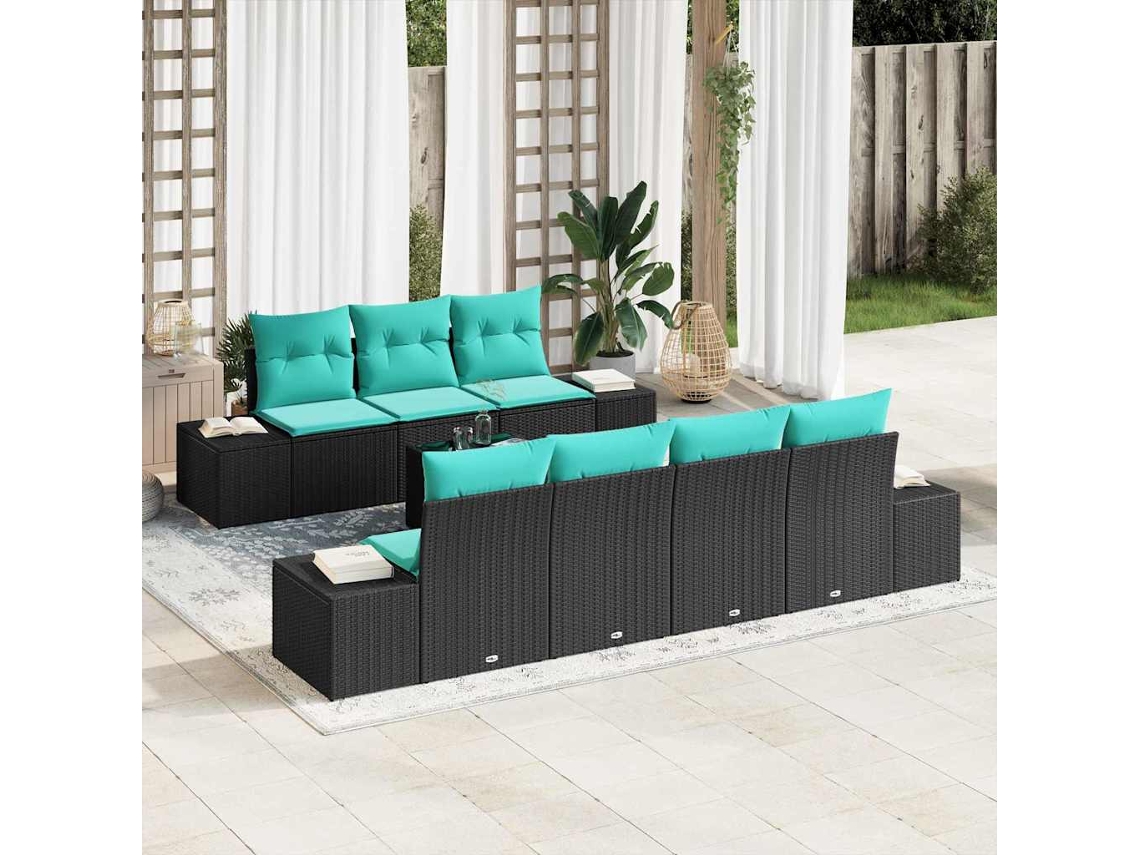 Vidaxl Conjunto De Sofá De Jardim 8 Unid. Preto E Turquesa Vime Pe