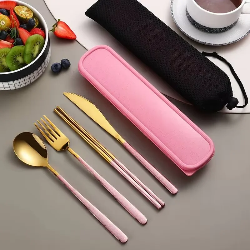Conjunto De Talheres De Aço Inoxidável (4 Peças Rosa) Com Caixa De Armazenamento, Conjunto De Talheres Portátil.
