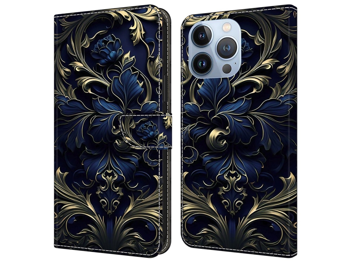 Capa Em Couro Pu Com Suporte Para Apple Iphone 16 Pro Max - Flor Azul