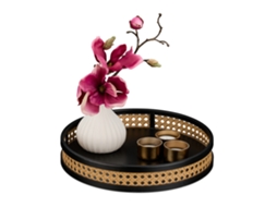 Tabuleiro Decorativo Relaxdays, Visual De Rattan, 5,5 X 30 Cm, Bandeja Redonda Para Velas, Joias, Preto/natural
