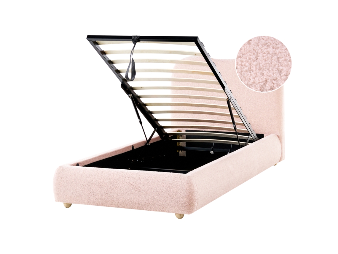 Sommier Estofado Minimalista Com Arrumação Beliani Blagnac De Bouclé Rosa 90x200