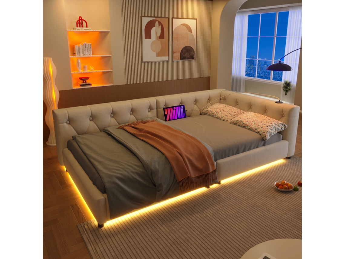 Sofá Cama 90x200cm Lino Bege Com Iluminação Ambiente Usb+tipo-c