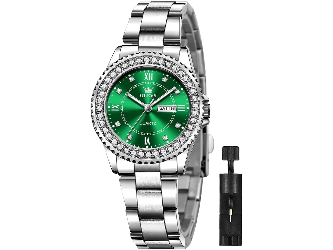 Lurelia Relógio Feminino, Movimento De Quartzo, Data/calendário, Luminoso, Detalhes Com Strass, Aço Inoxidável, Abs, Verde