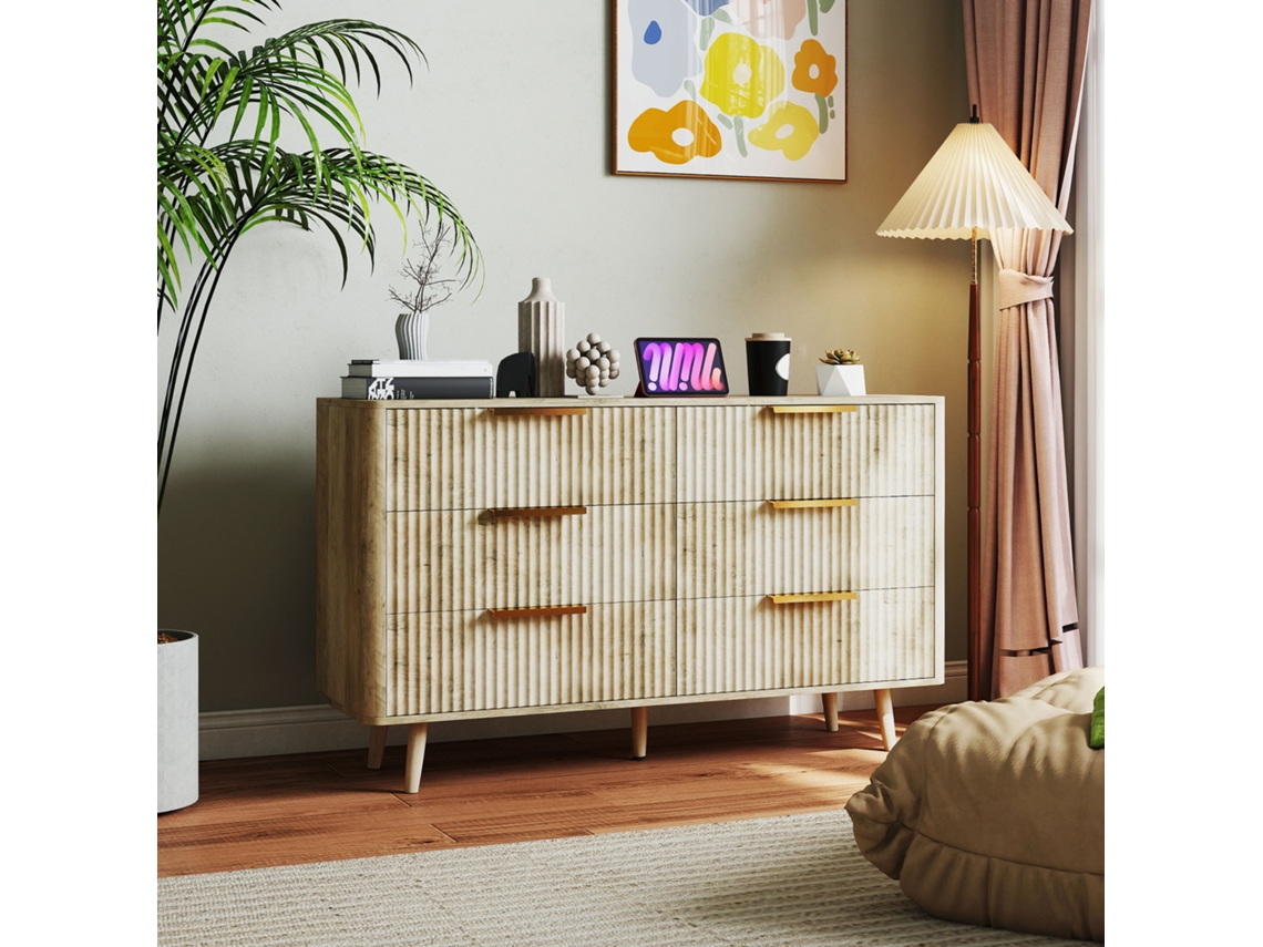 Cômoda Para Sala De Estar Com Baú De 6 Gavetas Caneladas E Design Para Corredor, 62x35x105 Cm Em Carvalho