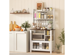 Armário De Cozinha Alto Móvel Auxiliar De Cozinha Com 6 Ganchos Para Chávenas 2 Portas De Vidro Prateleiras Abertas 80x40x152 Cm Branco