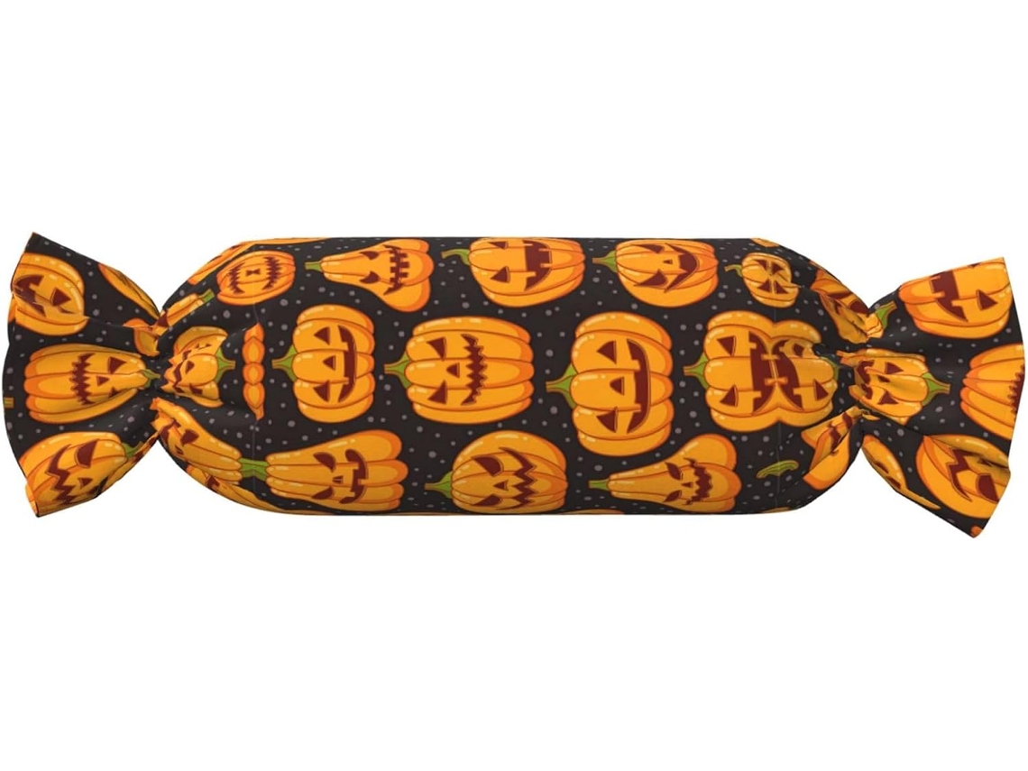 Almofada Cilíndrica Formato de Doce com Estampa Abóbora Halloween 100 % Poliéster Ideal para Viagens, Casa e