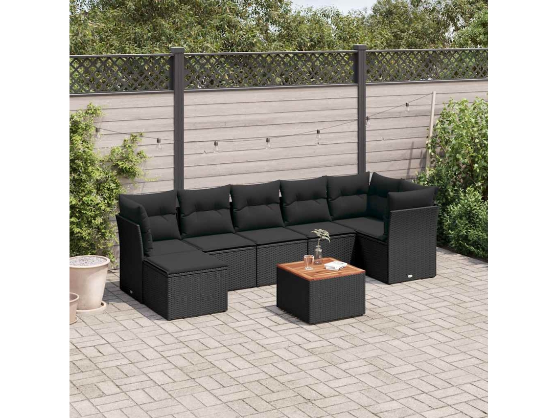 Vidaxl 8 Pcs Conjunto Sofás De Jardim Com Almofadões Vime Pe Preto
