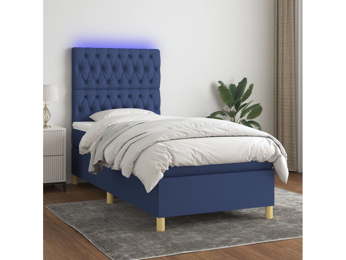 Vidaxl Cama Box Spring C/ Colchão E Led 80x200 Cm Tecido Azul