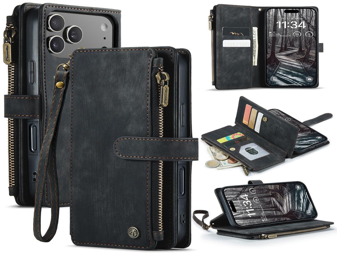Lurelia Estojo Flip Iphone 16 Pro Max Cordão Magnética Suporte Porta-cartões Couro Pu Tpu Preto Slim