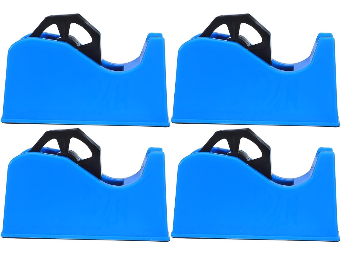 Dispensador portátil de fita adesiva Homsfou em plástico azul com base antiderrapante resistente e mecanismo vertical.