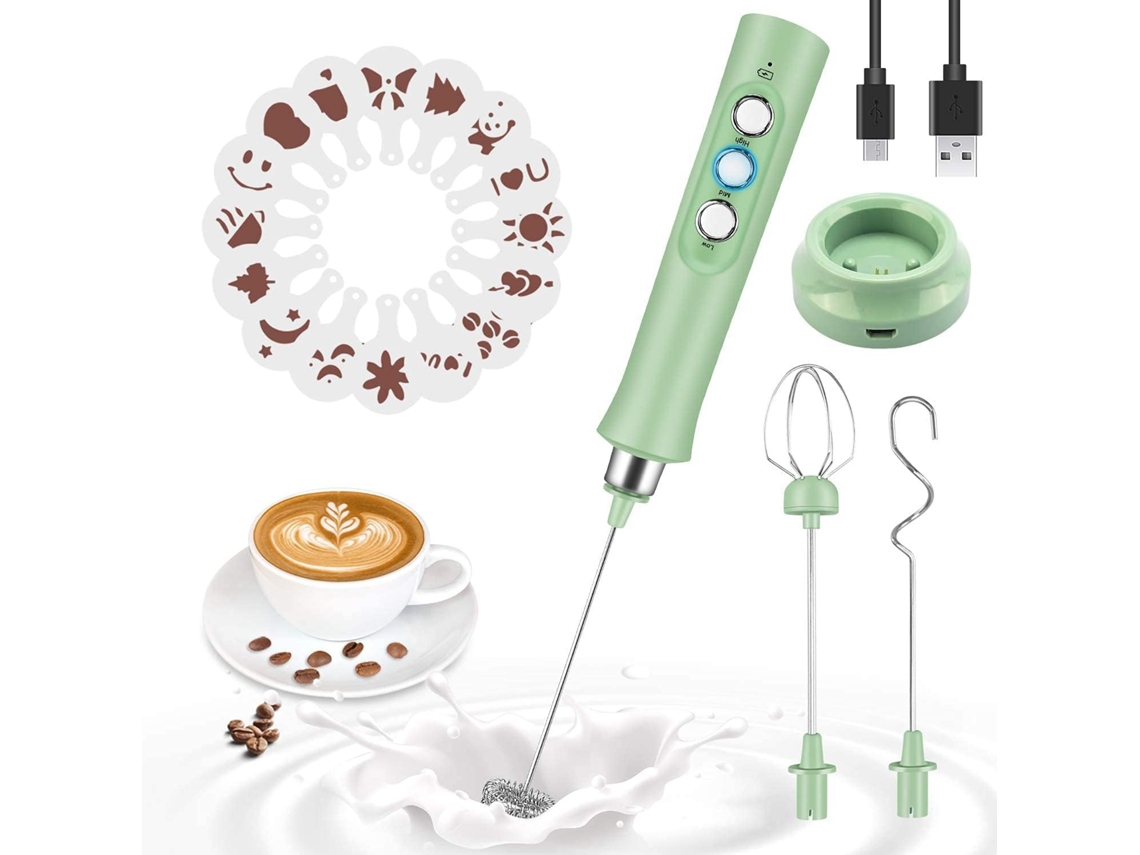 Espumador de leite portátil e silencioso, recarregável via USB, com 3 velocidades para cappuccino, latte e chocolate quente (verde)