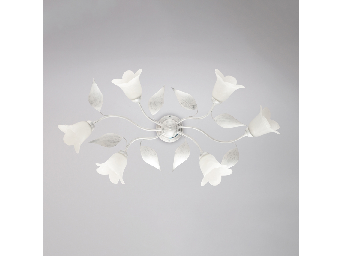 Olga Plafon Em Ferro Lacado Branco Com Decoração. Difusores Antigos Em Prata E Vidro D. 14 Alabastro Branco 6 Luzes L. 70 X 52 Belight