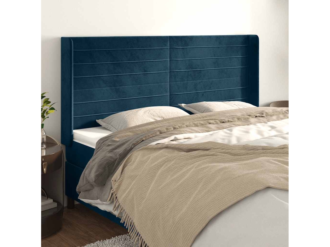 Vidaxl Cabeceira Cama C/ Abas Veludo 203x16x118/128 Cm Azul-escuro
