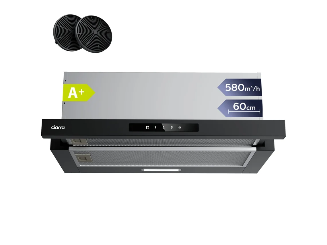 Exaustor Ciarra Telescópico 60cm 580m³/h Recirculação Com Filtros De Carvão (2 Peças) 3 Modos Sensortouch Preto Awb6909a