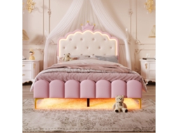 Cama de Princesa 140x200 cm com controlo remoto LED, estrado de ripas, estofamento púrpura rosa, colchão não incluído VSOGA