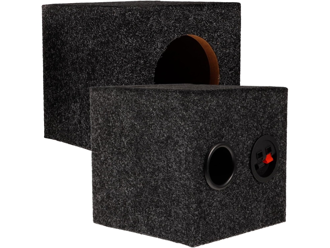 Caixa acústica para subwoofer automotivo, feita de madeira de lei, fácil instalação.