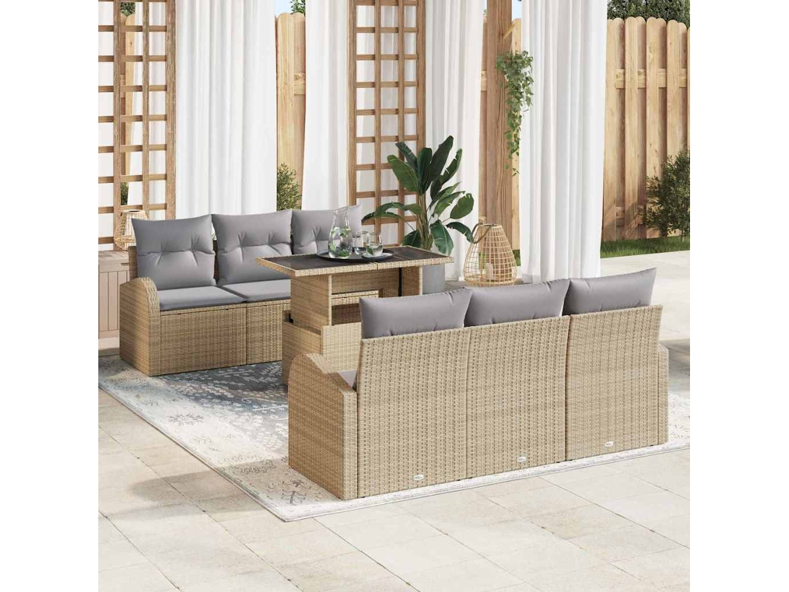 Vidaxl Conjunto De Sofá De Jardim 7 Unid. Bege Rattan De Polipropileno