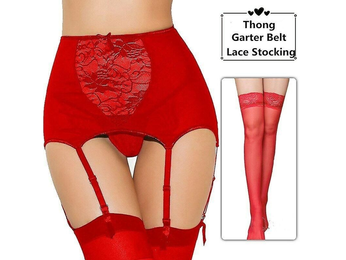 Conjunto de Lingerie Sexy de Calcinha com Cinto Suspendido e Meias de Canelada Plus Size Feminino Vermelho com Meias