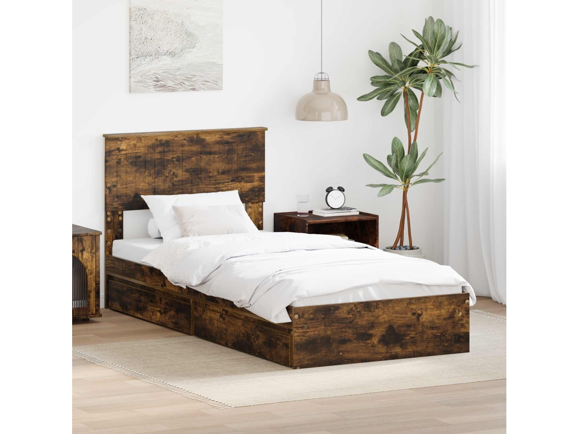 Vidaxl Cama Com Armazenamento Com Gaveta Carvalho Defumado 90 X 200 Cm