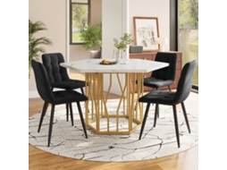 Conjunto De Mesa De Jantar Hexagonal Efeito Mármore E 4 Cadeiras Em Veludo Preto Com Pernas Douradas