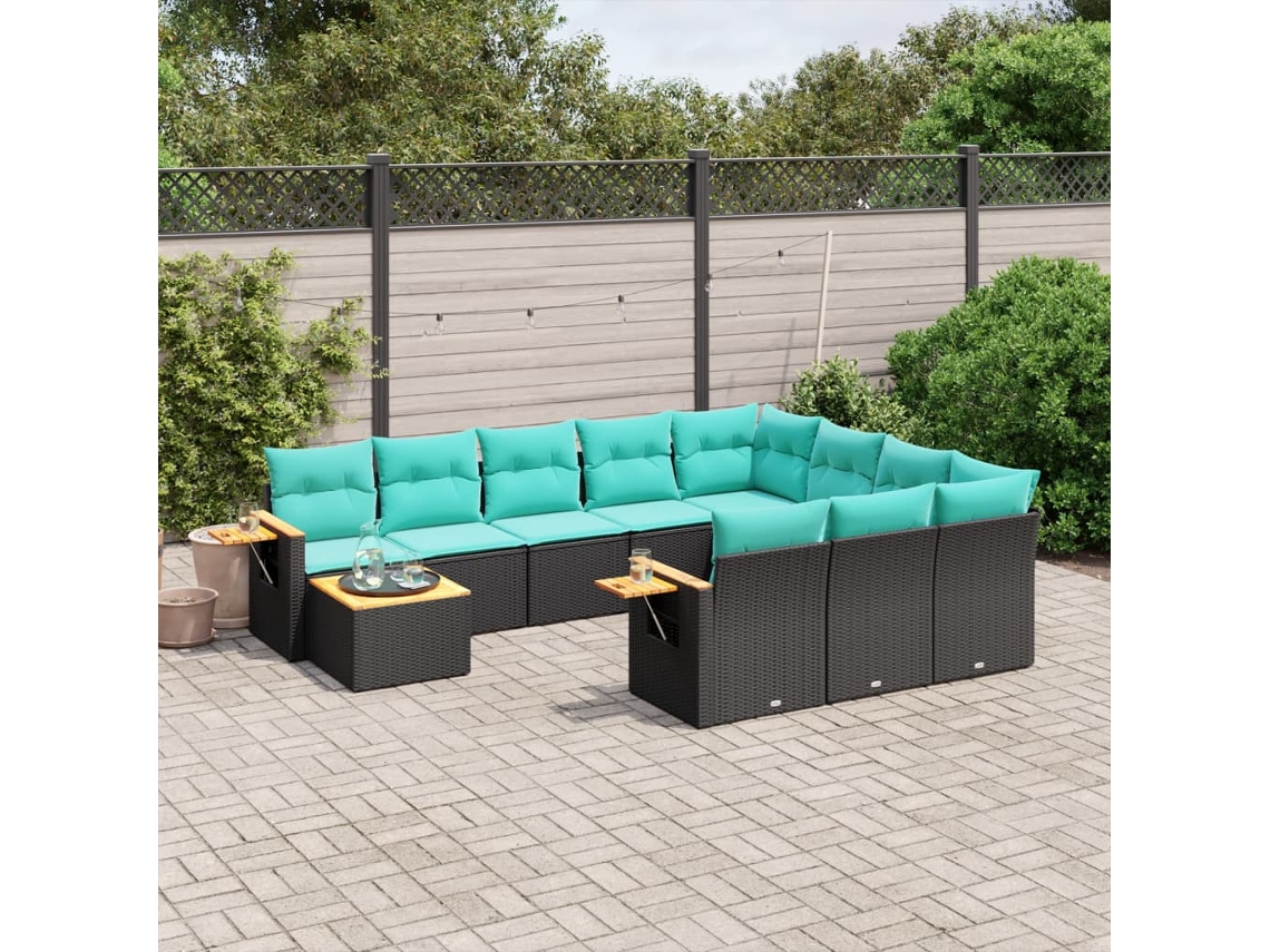 Vidaxl 11 Pcs Conjunto Sofás De Jardim C/ Almofadões Vime Pe Preto