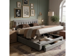 Cama Com Caixa E Gavetas, Tecido De Veludo, Cama Estofada, Base Com Ripas, Cama De Casal, Grande Espaço De Armazenamento, 160 X 200, Cinza-op