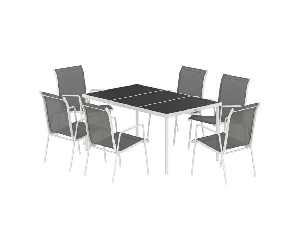 Conjunto mesa e cadeiras jardim cinza, 6 cadeiras respiráveis, mesa de vidro temperado | S/MARCA