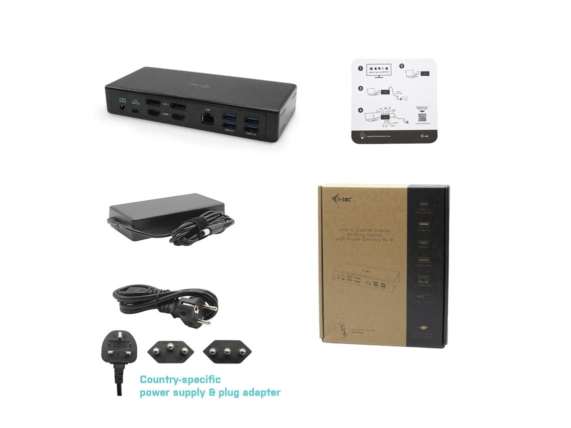 I-Tec C31Quattrodockpd Base &amp; Duplicador de Portas com Fios Usb 3.2 Gen 1 3.1 Gen 1 Type-C Preto