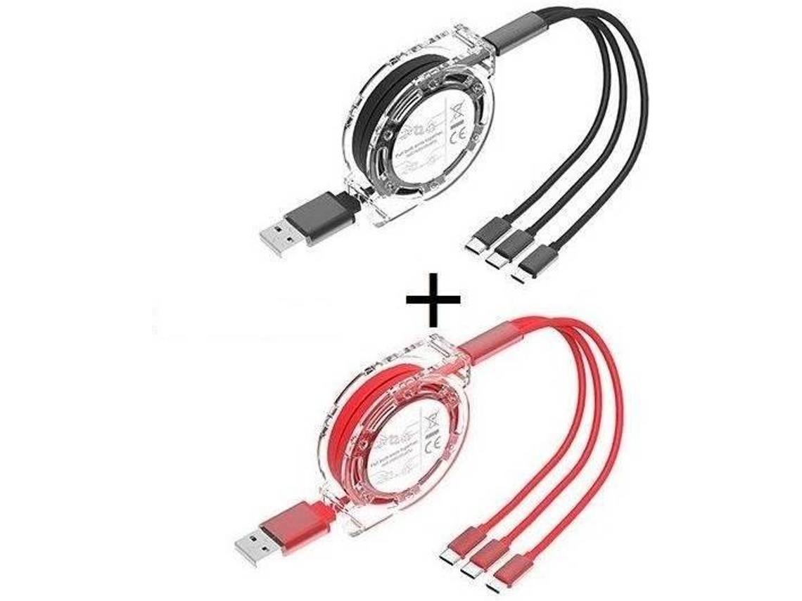 Cabos 3 em 1 (2 Lighting Mini USD Type-C - 1 m - Vermelho e Preto)