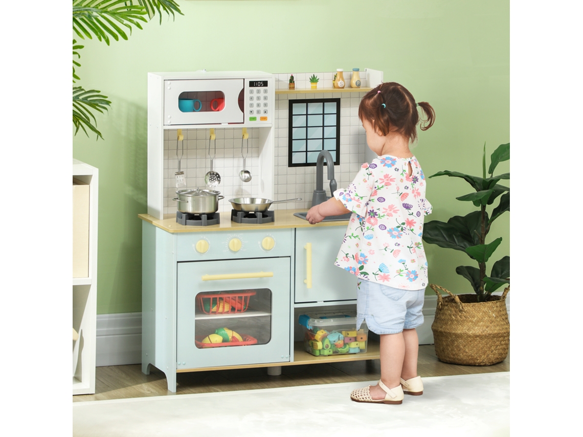 Cozinha Infantil de Madeira com Micro ondas e Fogão para Crianças a Partir Dos 3 Anos, 72 X 33 X 85,2 Cm, Azul