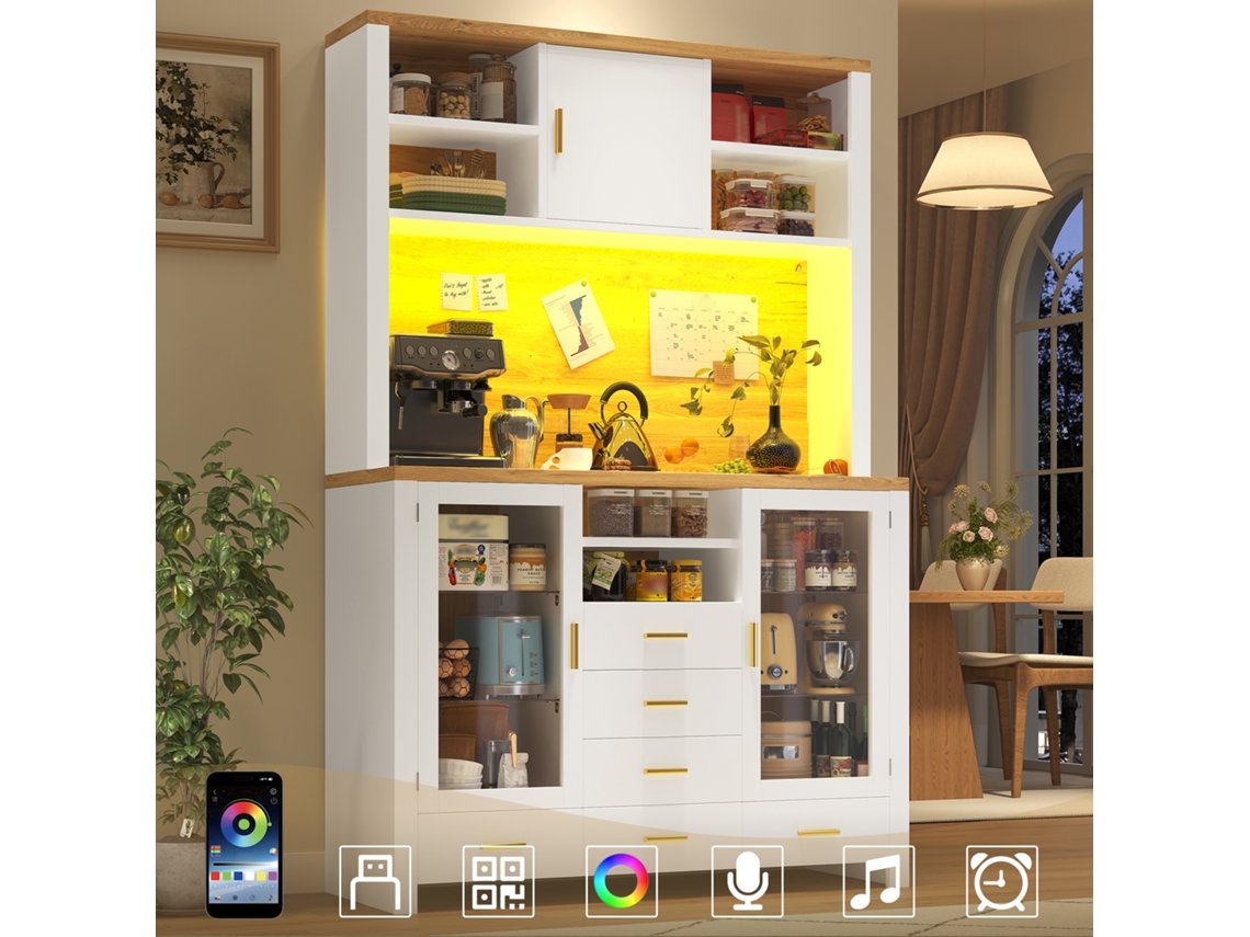 Aparador/Arrumação/Armário de Cozinha Multifuncional/Buffet, 120x40x188cm, Estilo Campestre, 4 Portas, Com Luz LED Faixa