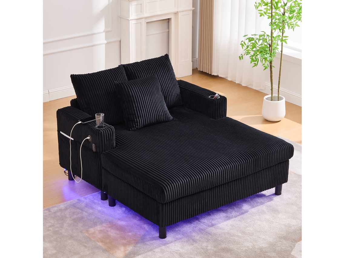 Poltrona Chaise Longue Grande - Com Porta-copos Laterais, Portas Usb, Iluminação Led Ambiente - Preto