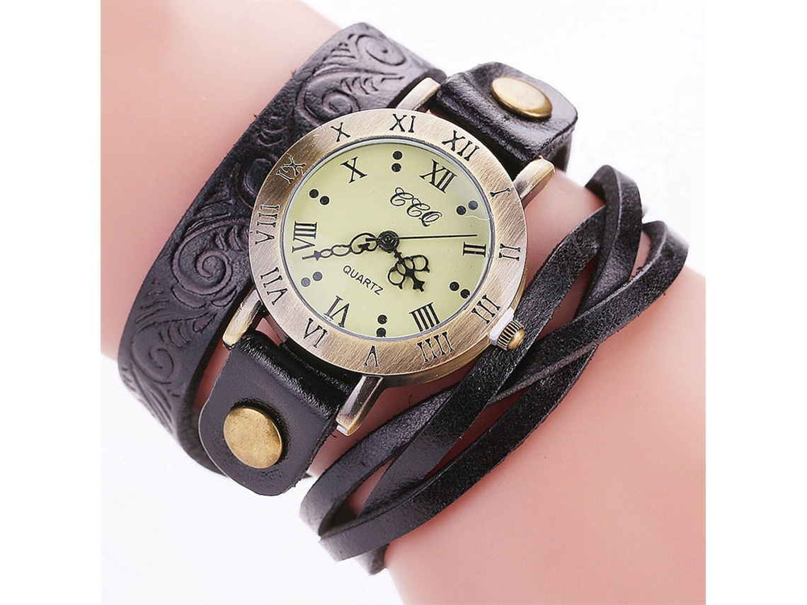 Relógio de quartzo vintage punk para casais com pulseira preta multicamadas
