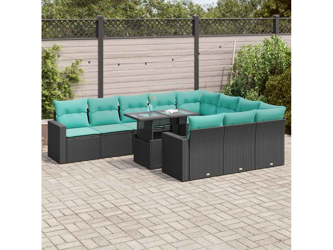 Vidaxl 11 Pcs Conj. Sofás Jardim C/ Almofadões Vime Pe/acácia Preto