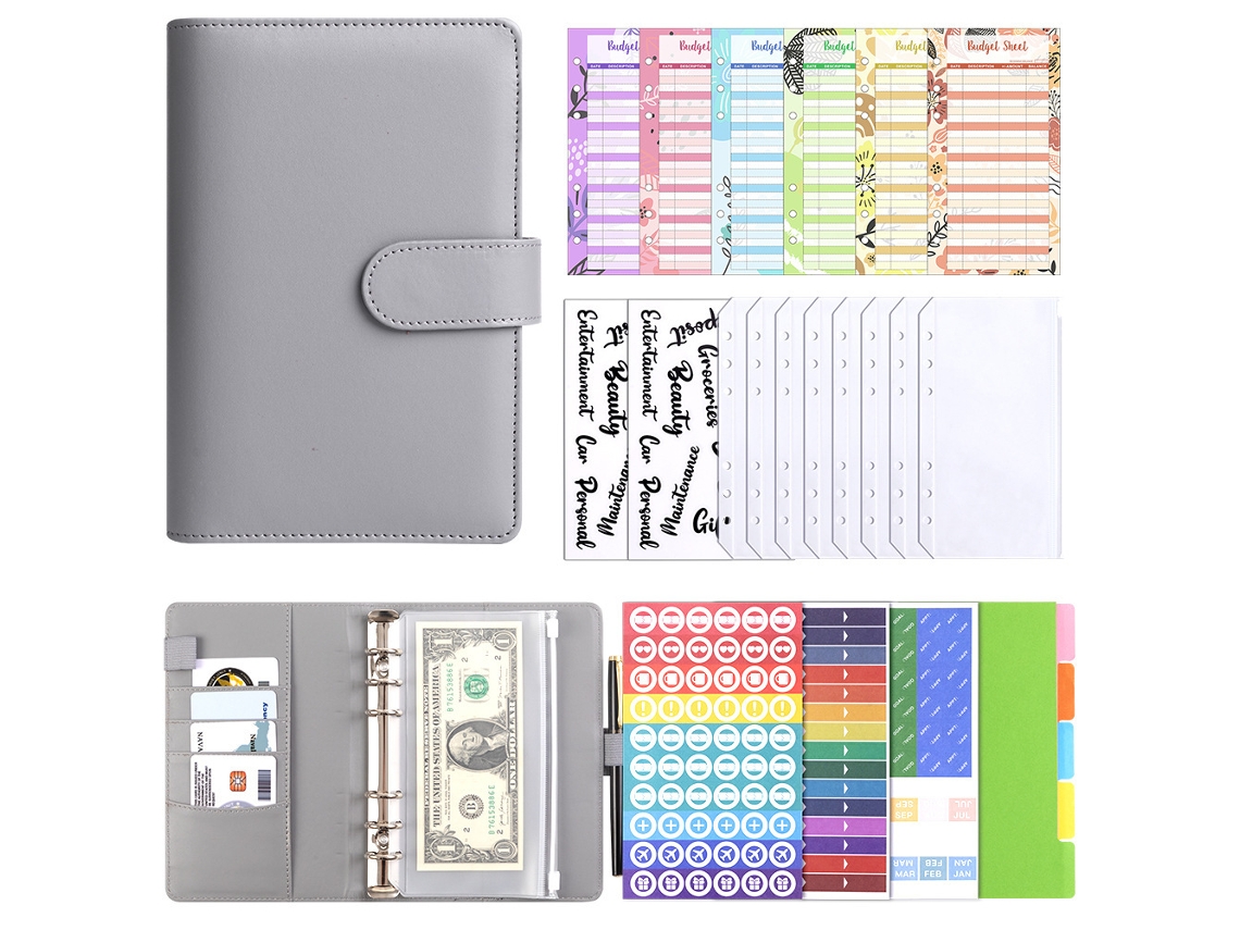 Pu Leather A6 Budget Binder, Gray Cash Envelope System With 12-budget Cards, 8-bill Envelopes, 2-clear Stickers, 1set Of
