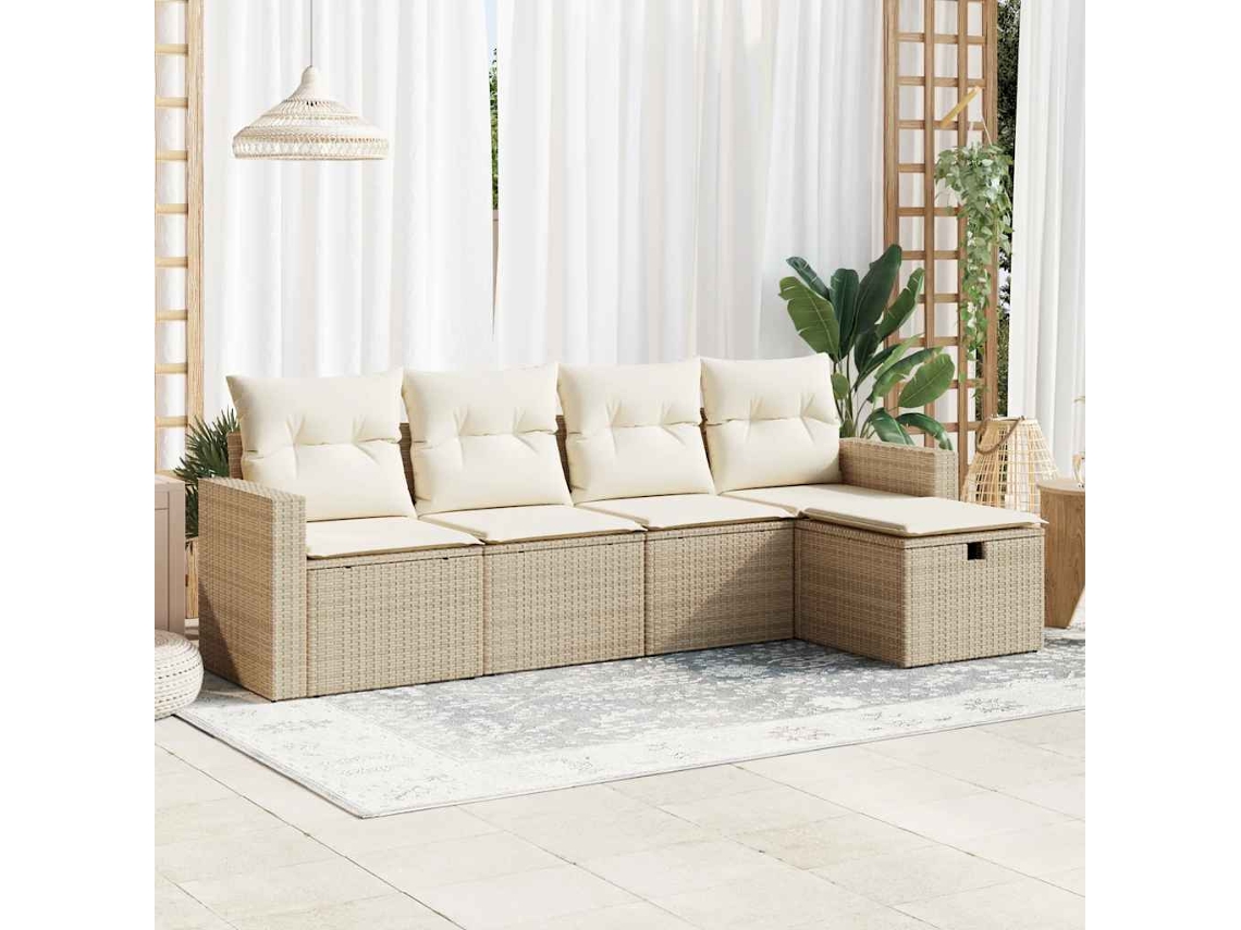 Vidaxl 5 Pcs Conjunto De Sofás P/ Jardim Com Almofadões Vime Pe Bege