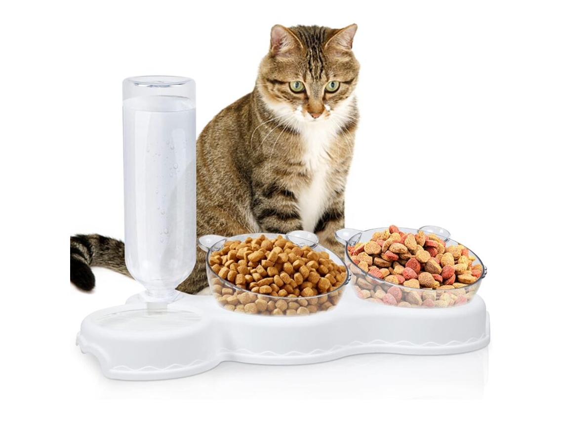 Tigela Dupla Elevada para Ração de Gatos, Dispensador 3 em 1 para Água e Comida, Inclinação de 15° Anti vômito, Antiderrapante AQUAFORGE