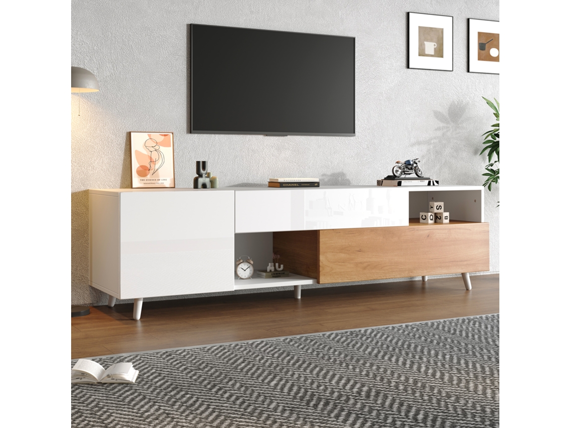 Armário Tv 180x38x50cm, Aparador C/ Porta E Gaveta, Estante 7 Nichos, Rack Alto Brilho, Cômoda Sala, Compatível Tvs Até 75".