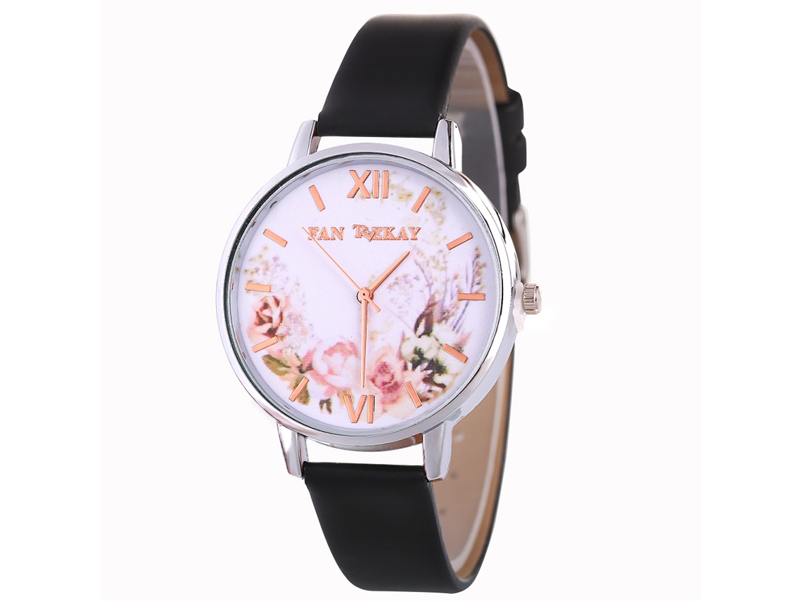 Relógio de Pulso Feminino de Quartzo com Pulseira de Couro Pu Estilo Simples Rosa Preto Branco
