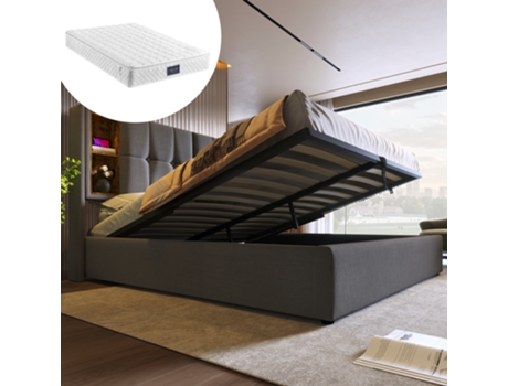 Cama Com Colchão Dupla Estofada Carregamento Sem Fio Usb-c Pangshiyaun Algodão Linho Cinzento (100.5x206x165cm)