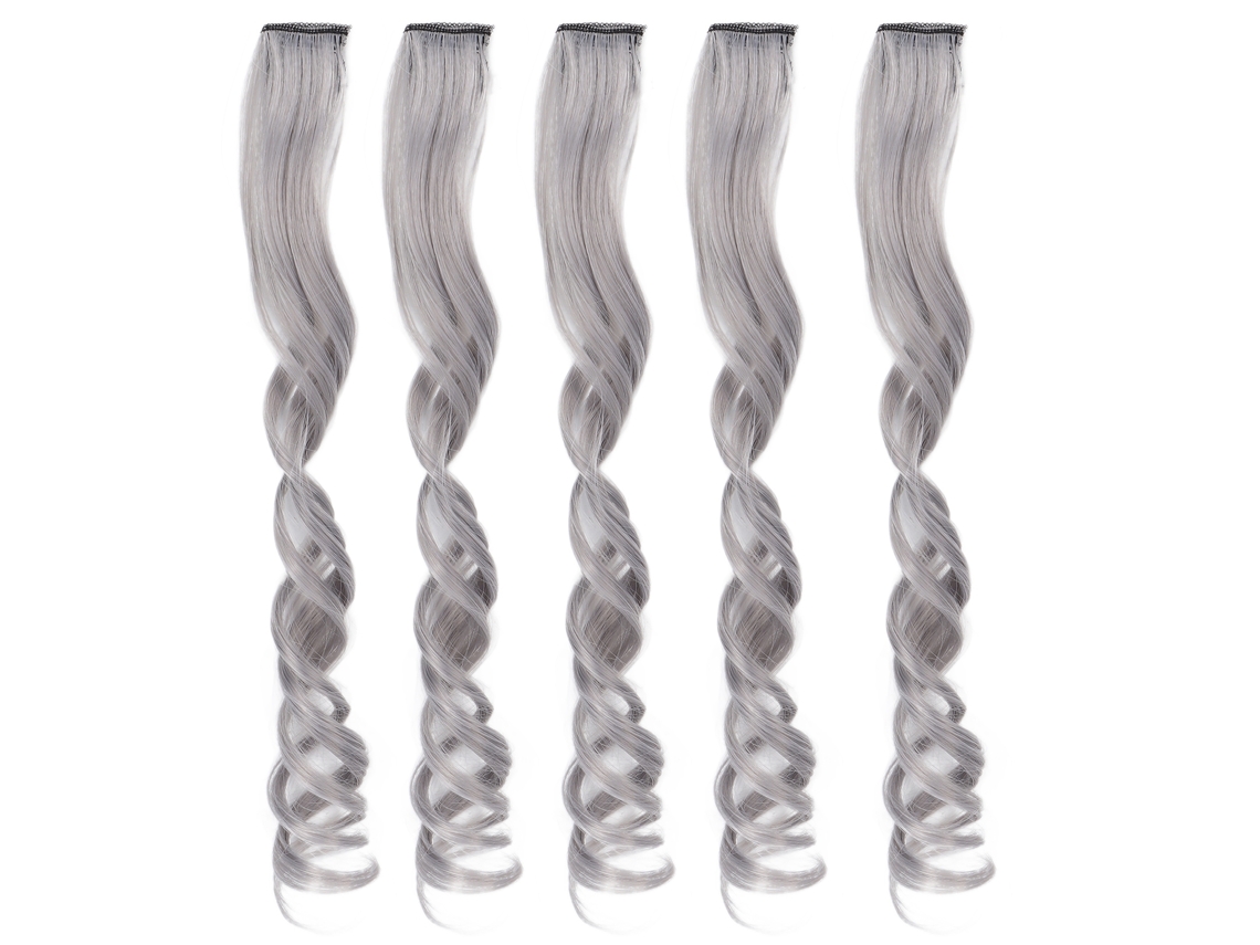 2026 5pcs Extensões de Cabelo Cacheado Longo Cinza com Clips para Destaques Moda Mulher Menina