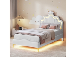 Cama infantil estofada 90x200cm em formato de coroa com LED e cabeceira ajustável branca INONEFT